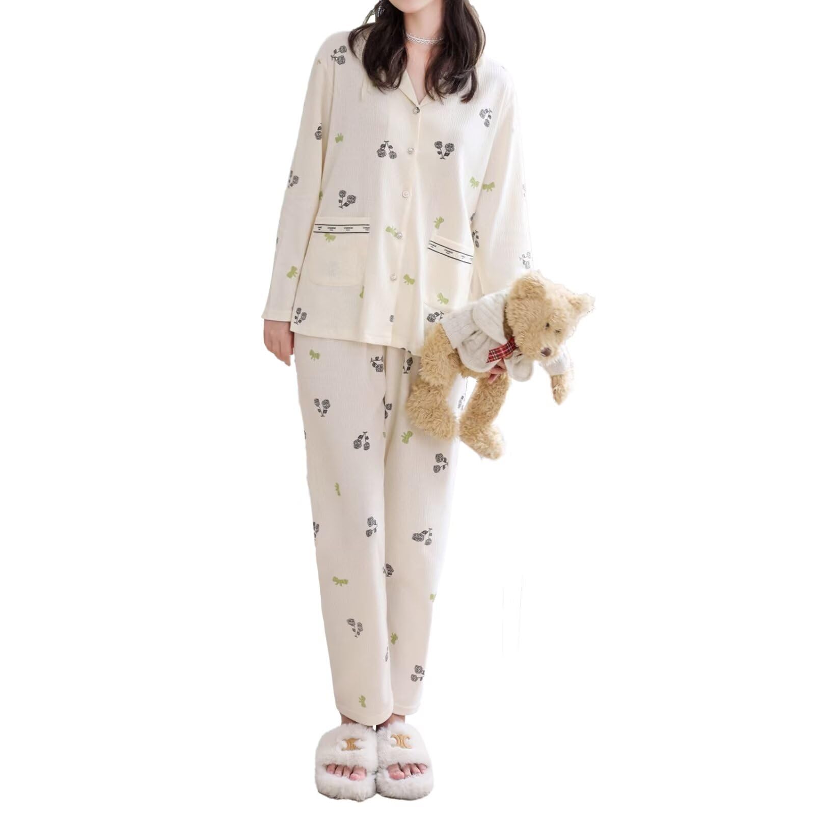 

HEWEAYTA Комплект легкой домашней одежды с длинным рукавом и цветочным принтом, свободного кроя, размер женский, пижама с открытой передней частью, на пуговицах, дышащая, удобная, (Белый, белый