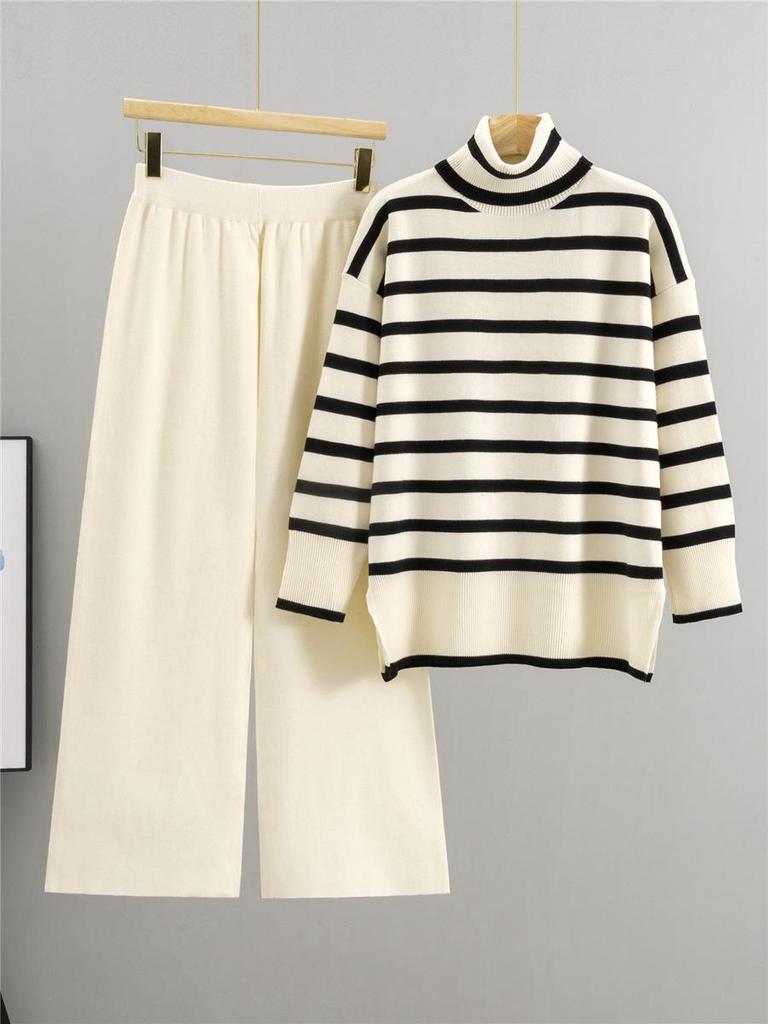 Women's Striped Knit Sweater & Wide-Leg Pants Casual Two-Piece Set for Autumn/Winter