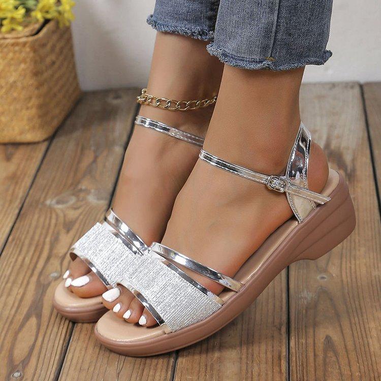 2024 summer new foreign trade large size European and American rhinestone slope heel fish mouth one-word buckle beach women's sandals 43