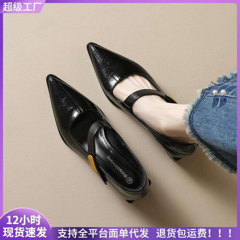 Pointed single shoes women's thick heel with shallow mouth Mary Jane shoes temperament high heels
