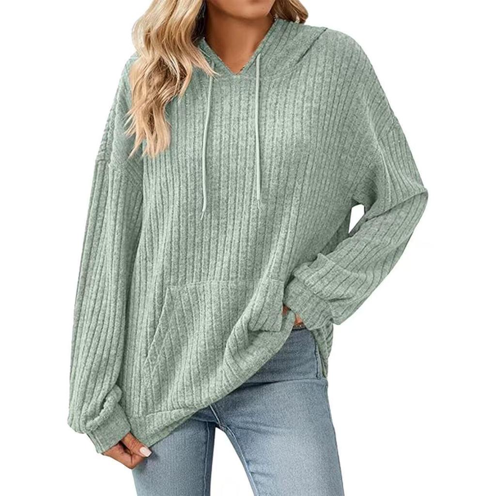 Women's Solid Color Ribbed Hooded Sweatshirt - Long Sleeve, Brushed, Autumn/Winter 2025 Collection