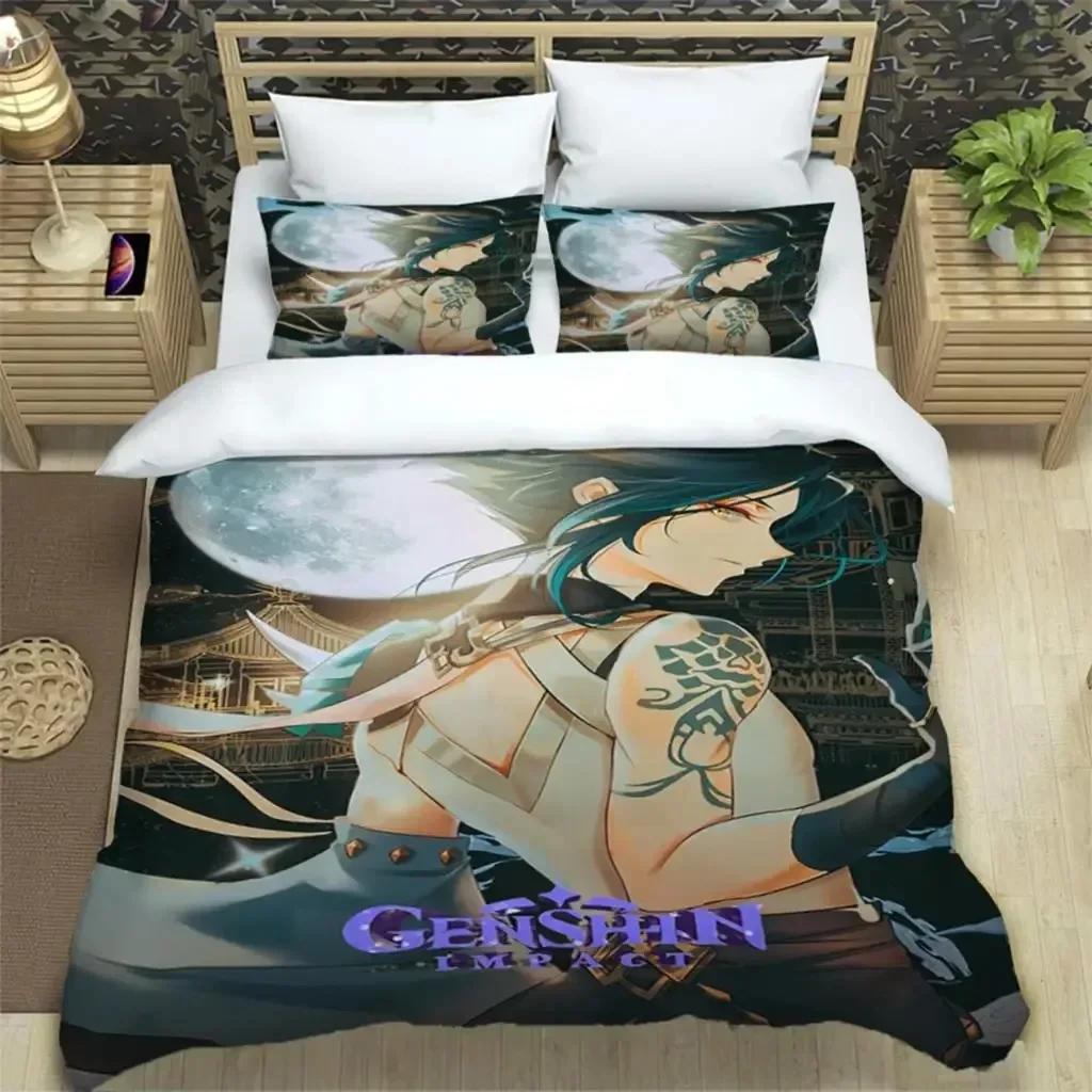 Dreiteiliges Bettwäscheset mit Genshin Impact-Print, Modeartikel für Jungen oder Erwachsene, für Betten, Bettbezüge, Kissenbezüge, Bettwäscheset