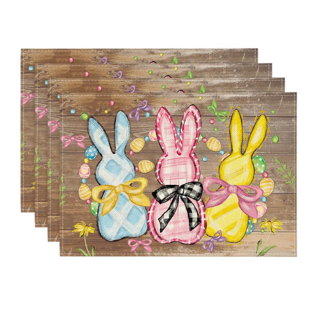 Bunny Rabbits Eggs Easter Placemats Set of 4, 12x18 Inch Floral Bow Seasonal Spring Holiday Table Mats for Party Kitchen Dining Decoration