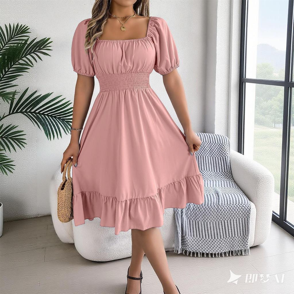 Women's Fashionable Retro Color Square Collar Fungus Hem Waist A,line Long Skirt Short,sleeved Dress