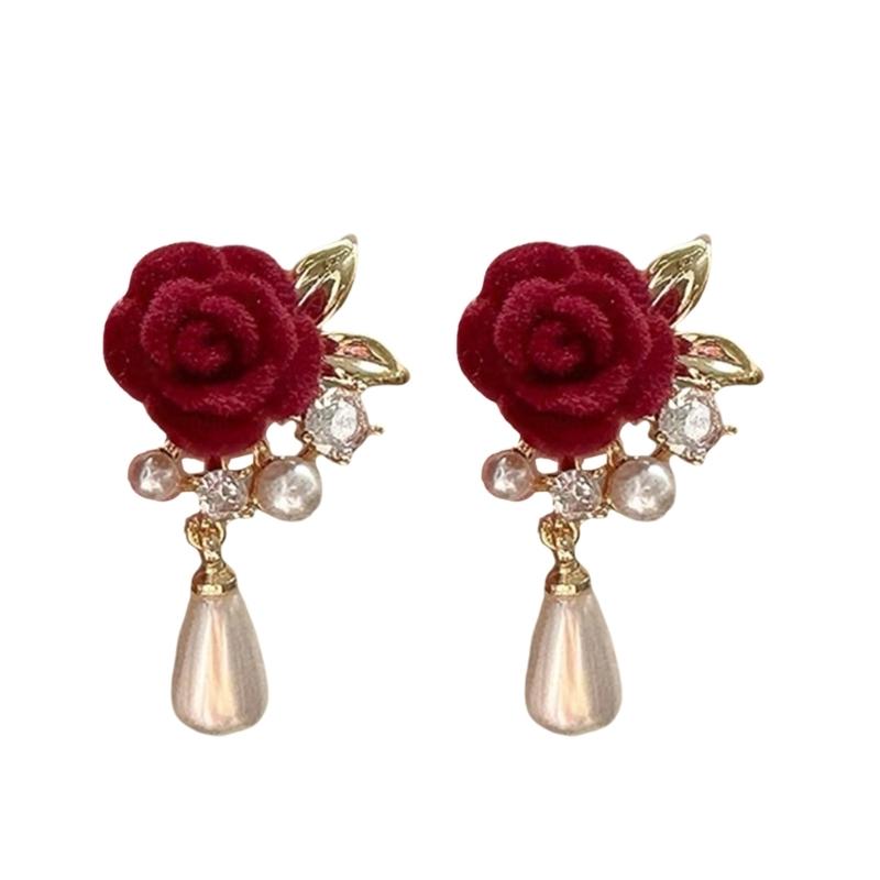 Rose Earrings Tassels Dangle Earrings with Rose Pearls Pendant Women Ear Jewelry Alloy Texture Suitable for Daily Party