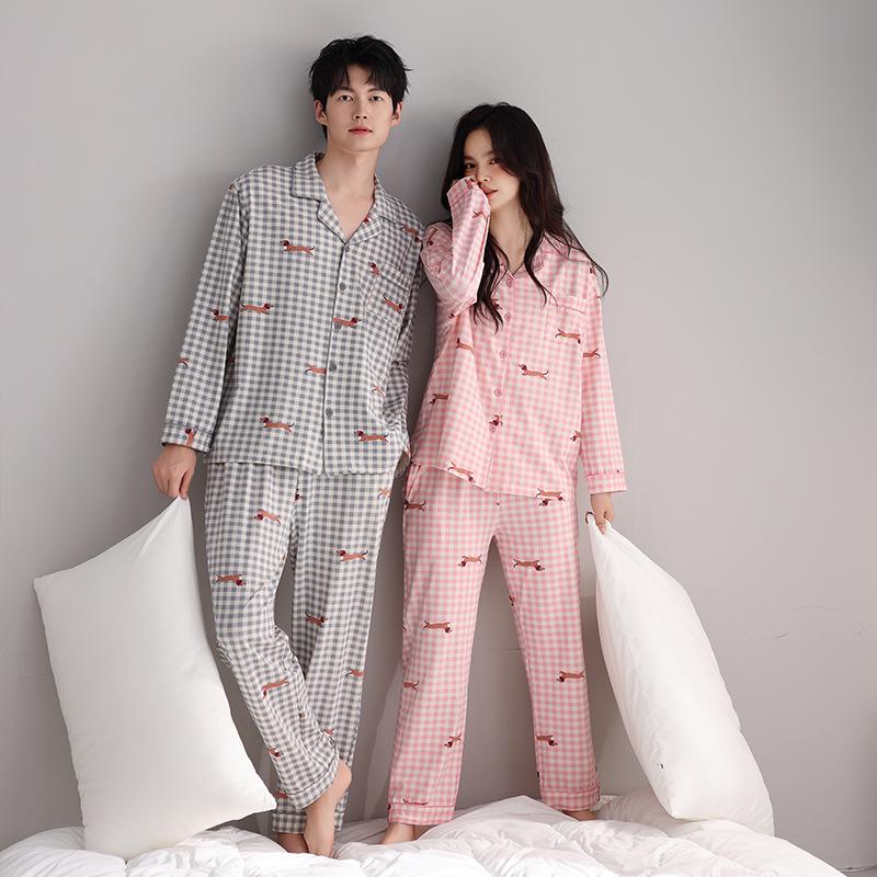 Autumn Cartoon Print Lycra Cotton Pajama Set with Lapel Collar