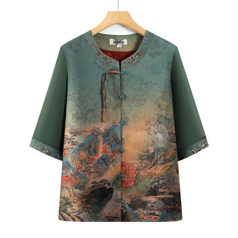 Xiaofu Women's Chinese Style Retro Print Short Sleeve Top