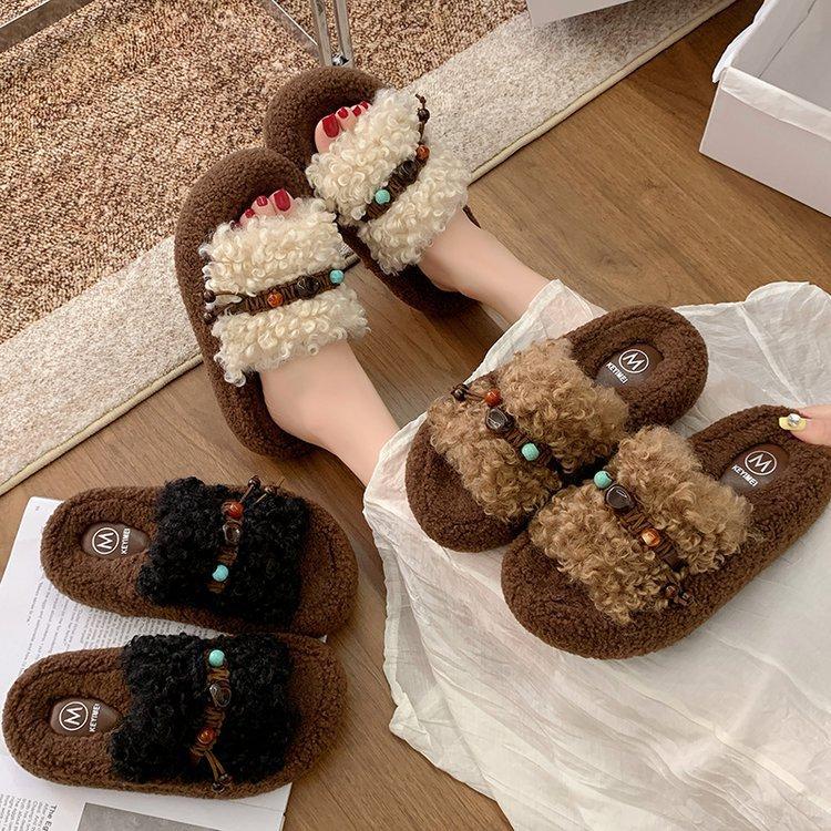 [Uncle Shoes] Lamb Lazy Autumn Fluffy Slippers Women's Outer Wear Cotton Slippers Thick Bottom Curly Hair Retro New One