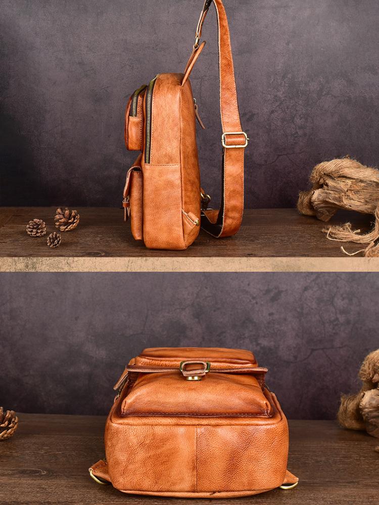 Johnature Vintage echtes Leder Outdoor Herren Brusttasche vielseitige einfarbige natürliche Rindsleder handgefertigte Schulter- und Umhängetaschen