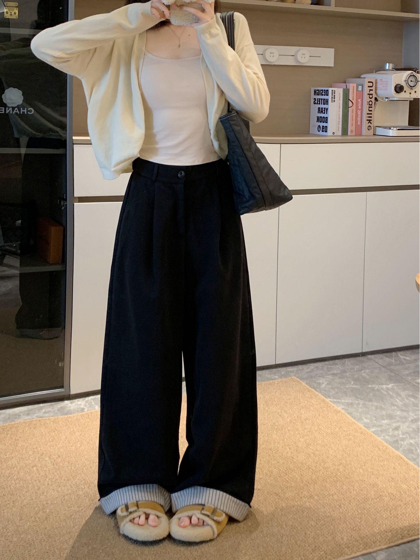 

Women s Plus Size High-Waisted Wide-Leg Wool Pants - Loose, Cuffed, and Thickened for Autumn/Winter L (suggested 50-60 kg)