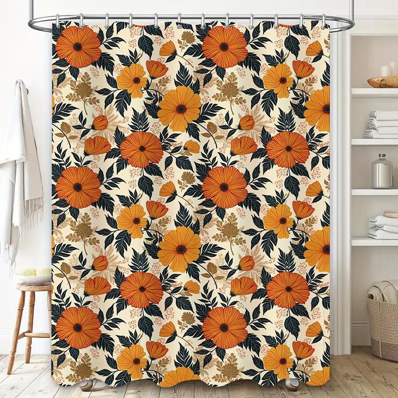 Modern Floral Shower Curtain Orange Flowers Green Leaves Decorative Bathroom Liner For Kids Bathrooms 72 X 39 (180Cm X 99Cm) [Bl