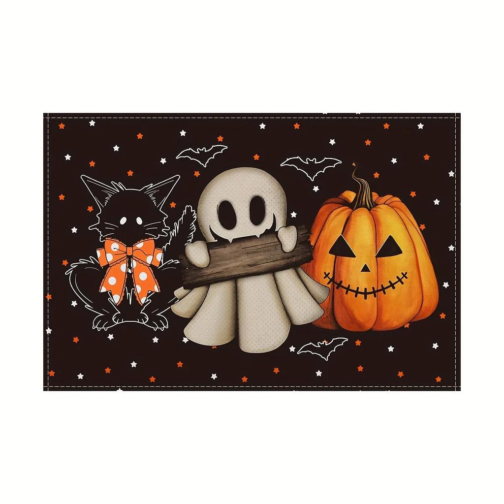 1PC Halloween Themed Linen Meal Mat with Pumpkin Black Cat and Bat Design Anti Slip and Table Mats Suitable Dining