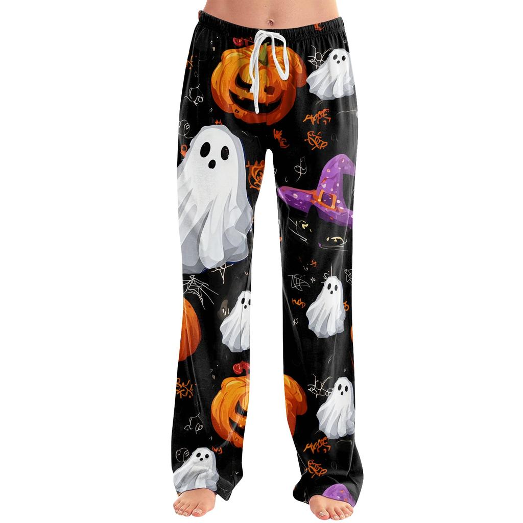 Damen Loungehose mit Kordelzug und Halloween-Print, lässig, volle Länge, entspannte Passform, Schlafanzughose für den Alltag