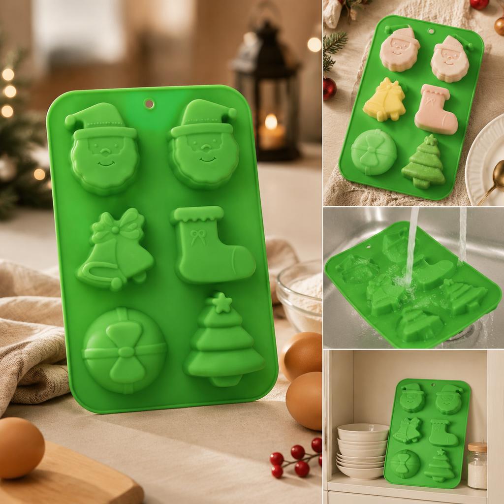 Silicone Mold Green Christmas 6-Cavity Santa Tree Stocking Bell Ball for DIY Cake Mousse Baking Holiday Desserts