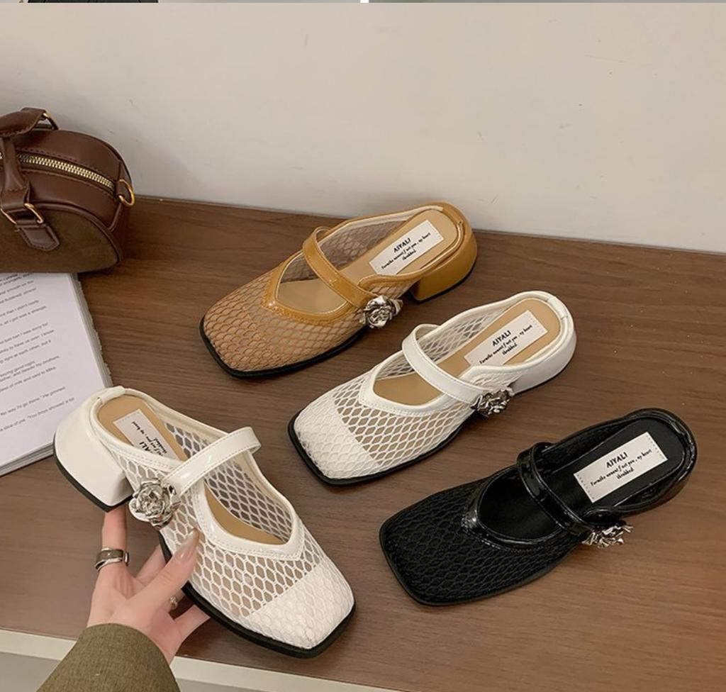 Fashion 2025 Summer Breathable Mesh Hollow Mules Slippers Women Square Head Mary Jane Shoes Women Chunky Heels Square Head Half Slippers