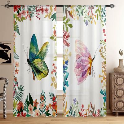 Floral Butterfly Symmetrical Printed Curtains, Decorative Curtains, Suitable for Bedroom, Living Room, Kitchen, Study Room,