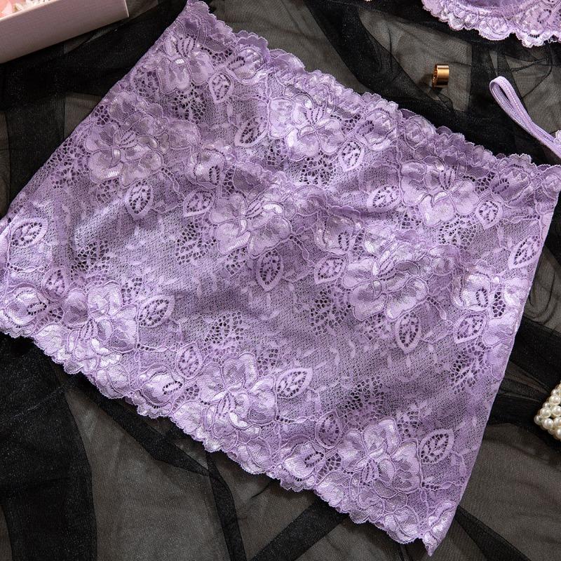 Lavender Lace Lingerie Set With Bra Skirt Bow And Matching Panties