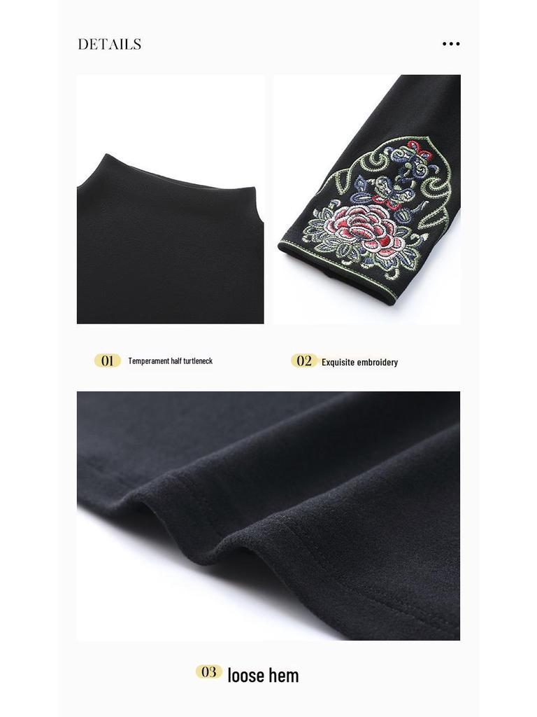 Camiseta de Felpa Bordada de Cuello Semi-Alto para Mujeres de Mediana Edad - Colección Otoño/Invierno