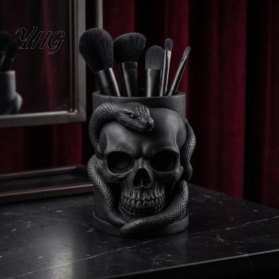 3D Printed Ornament Skull & Snake Pen Holder, Gothic Pencil Collectible Figurine Desk Organizer for Makeup Brush Stationery Storage, Halloween