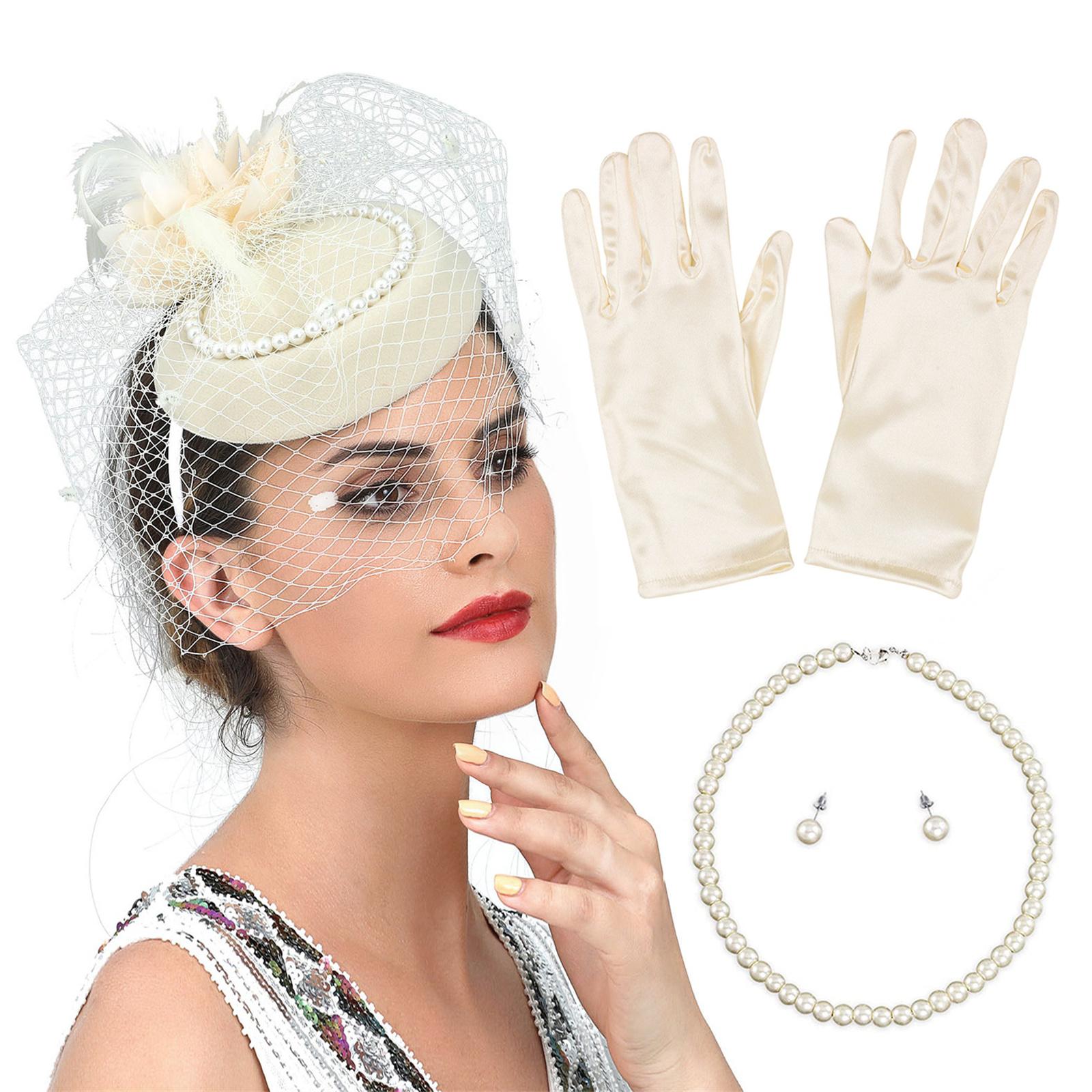 

Delicate Top Hat Hair Hoop with Etiquettes Gloves Cute Ladies Cosplay Medieval Party Pearl Earring&Necklace Costume