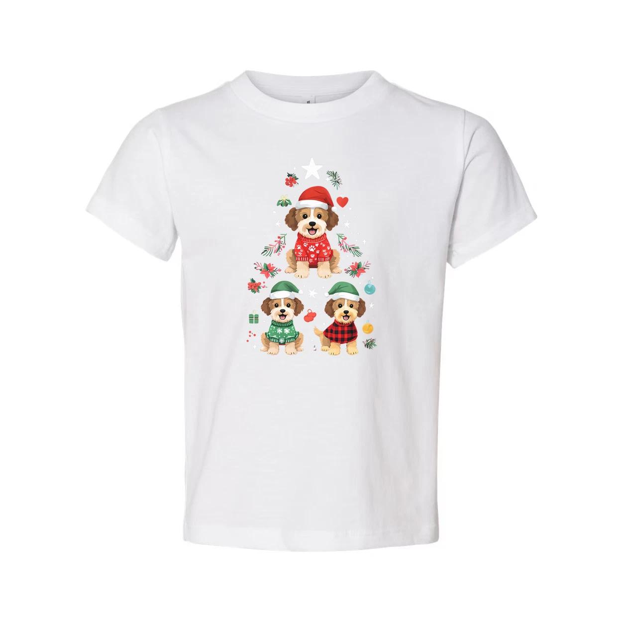 

Unisex Christmas T Shirt With Three Cute Dogs In Festive Winter Outfits Surround S
