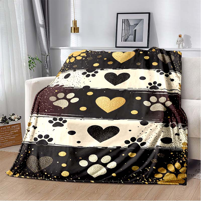 Black White Gold Paw Print & Heart Flannel Blanket, Soft Cozy Warm Throw for Bed Sofa Couch, Lightweight All Season Plush Cover