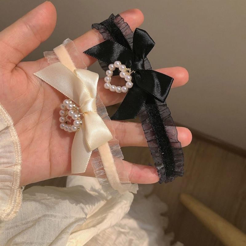 Fashion Harajuku Cloth Collarbone Chain Temperament Simple Cold Wind Big Heart Bowknot Pearls Loves Necklace Lace Chain