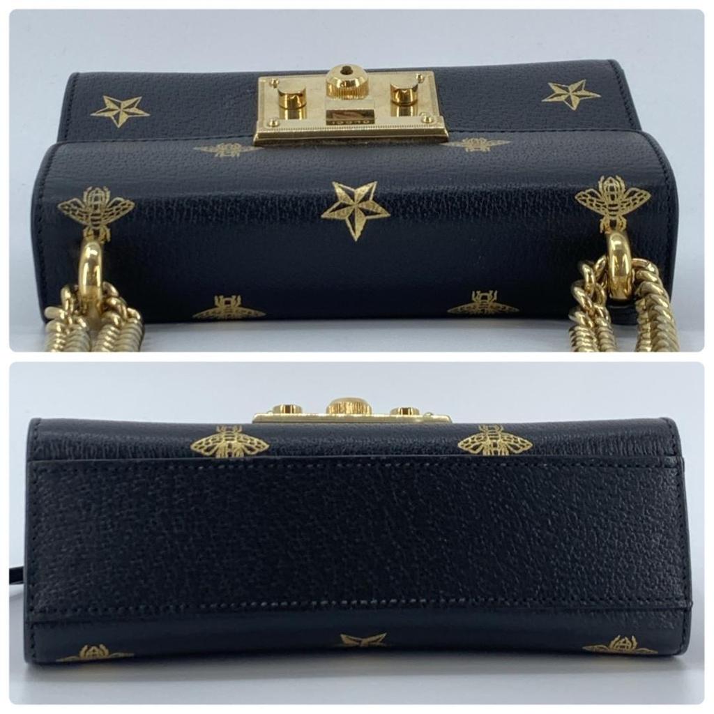 GUCCI Bee & Star Shoulder Bag Crossbody Chain Strap Gold Hardware Leather 432182 Padlock Black Women's