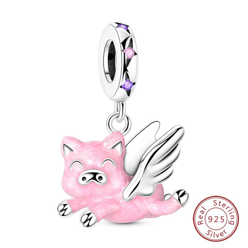 Fit 925 Silver Charms Beads Little Bear Lamb Little Flying Pig Pink Charms For Women DIY Birthday Jewelry Gift