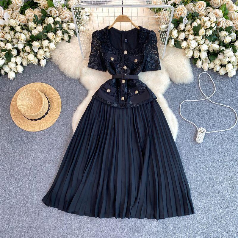 

Classic Style Square Collar Lace Patchwork Socialite Dress Black L