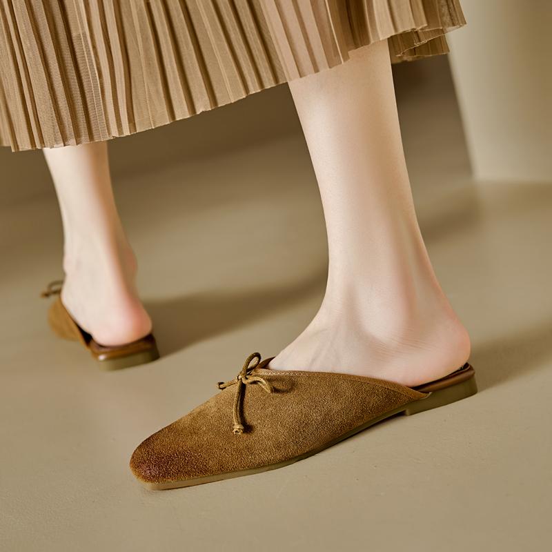 Fashion 2025 New Summer Women Mules Genuine Leather Women Shoes Square Toe Chunky Heel Shoes Cover Toe Slingback Sandals Slippers