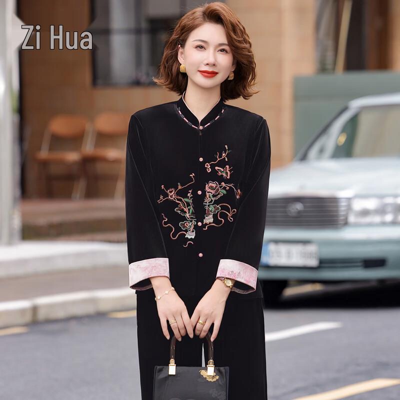 Women s Embroidered Velvet Stand-Collar Two-Piece Set 3XL