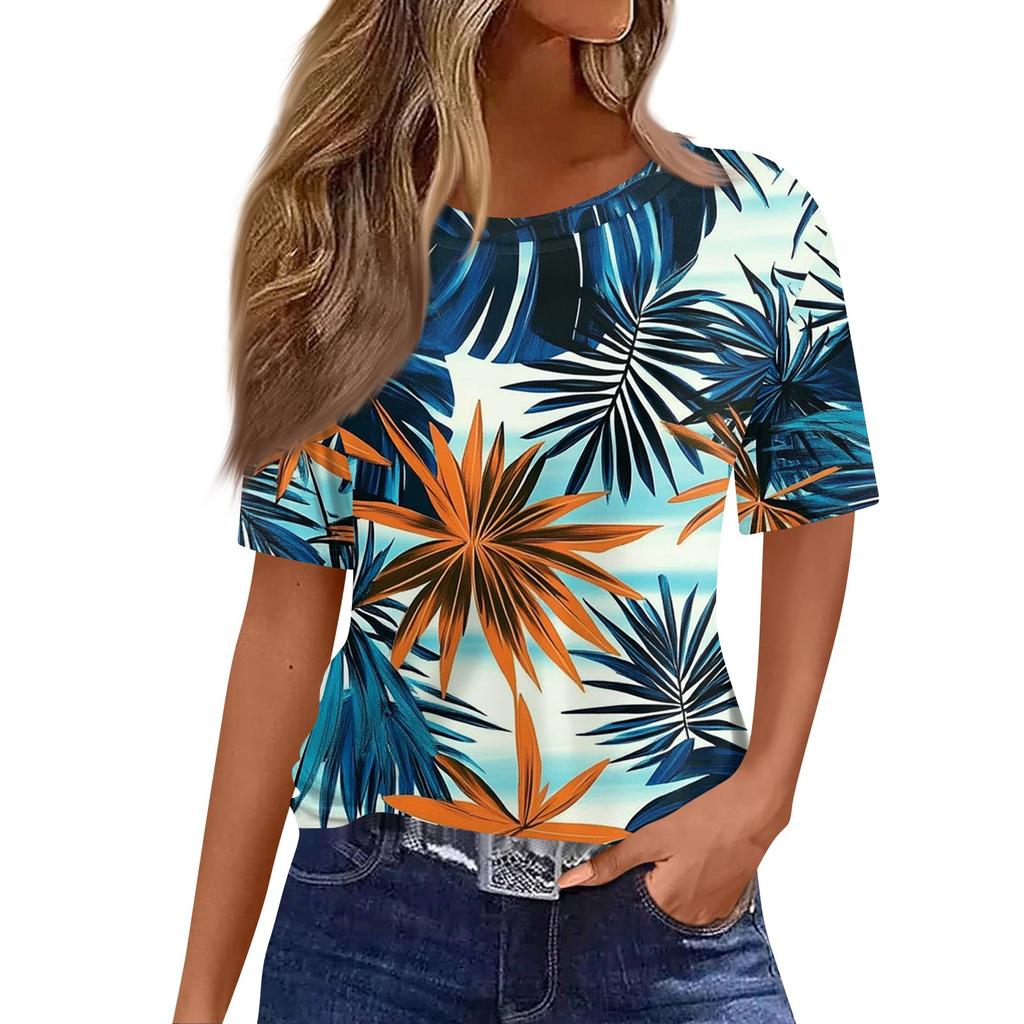 Damski modny, swobodny, krótki rękaw, nadruk, okrągły dekolt, bluzka typu pullover