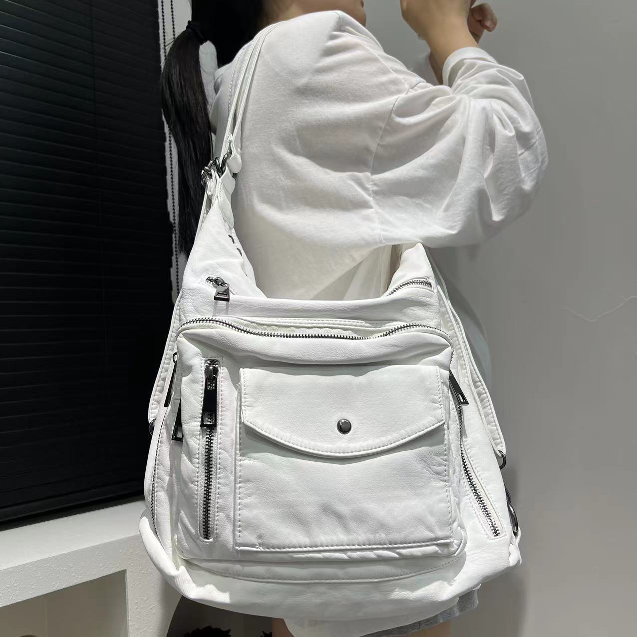 

Эксклюзив для женской моды YK стираная старая сумка-мотоциклист Spice Girl большая вместимость многофункциональная сумка через плечо белый