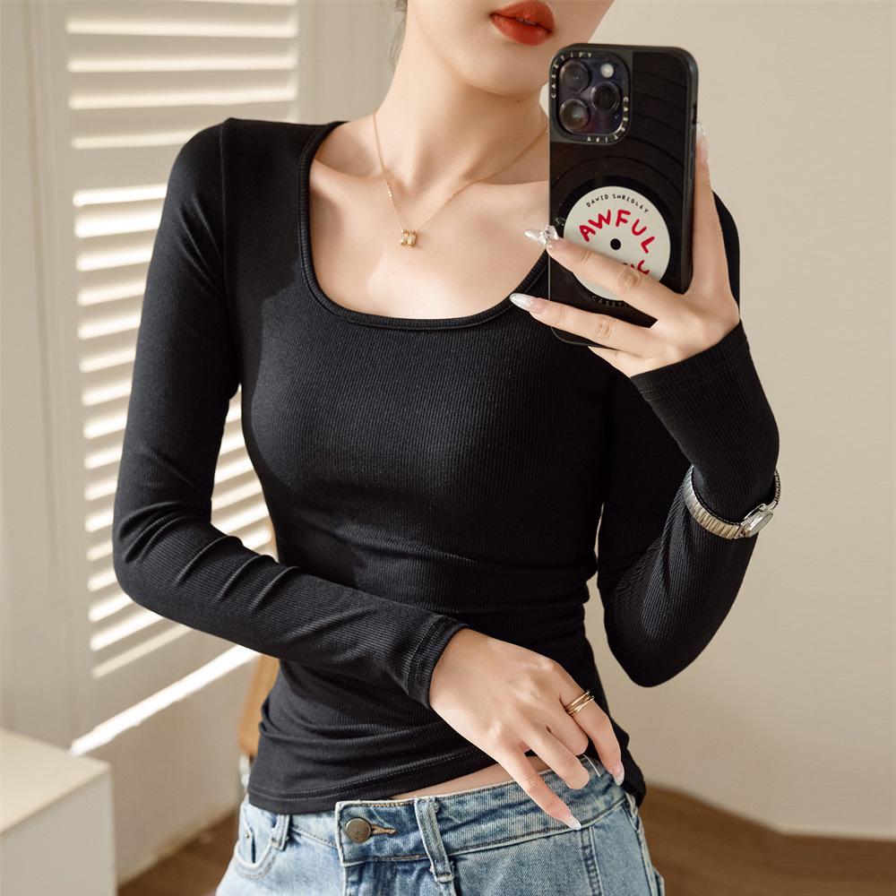 Women's Ribbed Square Neck Cotton T-Shirt: High-Elastic Short Sleeve, Stylish Slim Fit, Summer 2025 Collection