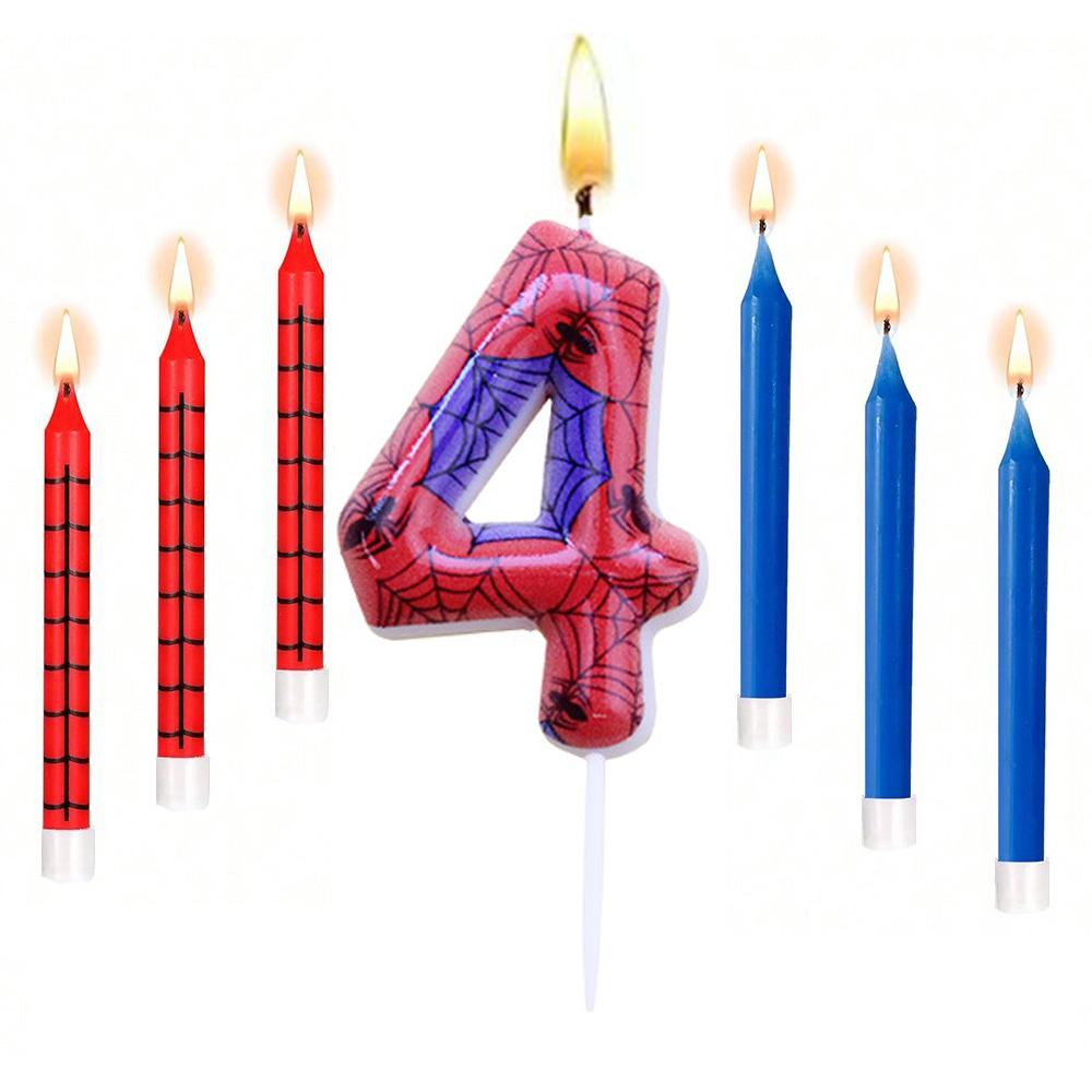 

7 шт. Красные Синие Свечи с Цифрой 8 на День Рождения Паука, Свечи с Номерами 0-9, Украшения для Торта, Топперы для Торта для Вечеринок в Теме Мультфильма про Паука