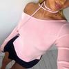 2KWEIRD Y2K Off Shoulder Long Sleeve Crop Top Women Sexy Slim Vintage Pink T Shirts Casual Outfits Streetwear Club