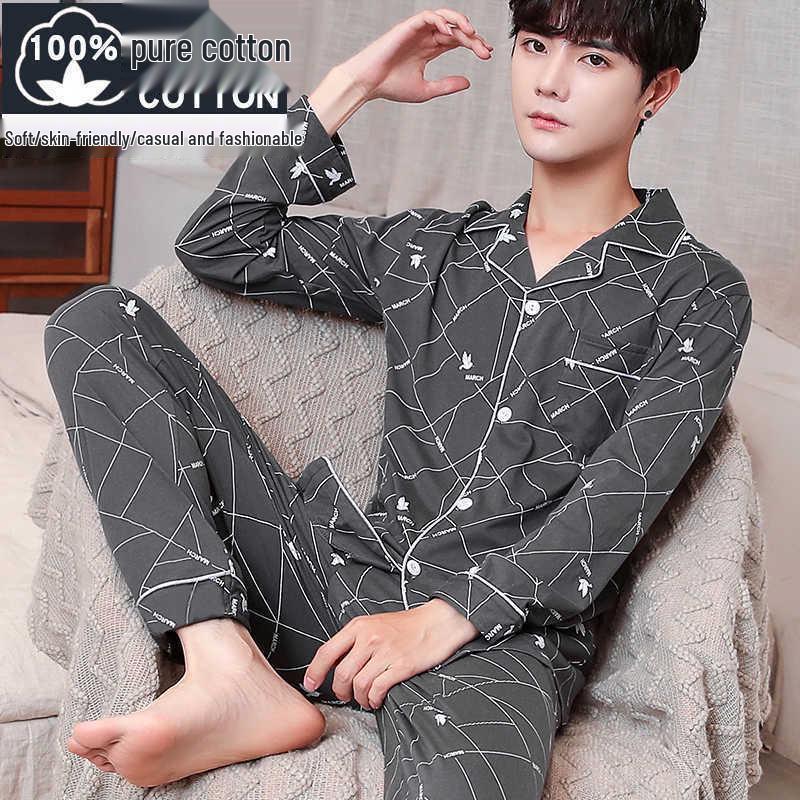 Men's 100% Cotton Long Sleeve and Pants Pajama Set - Plus Size, Spring/Autumn, Loose Fit, Two-Piece Home Wear