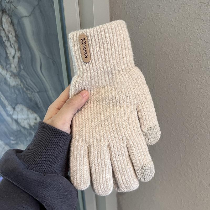 Women's winter touch screen gloves, piled and thickened warm cycling cold-proof wool knitted outdoor men's five-finger gloves