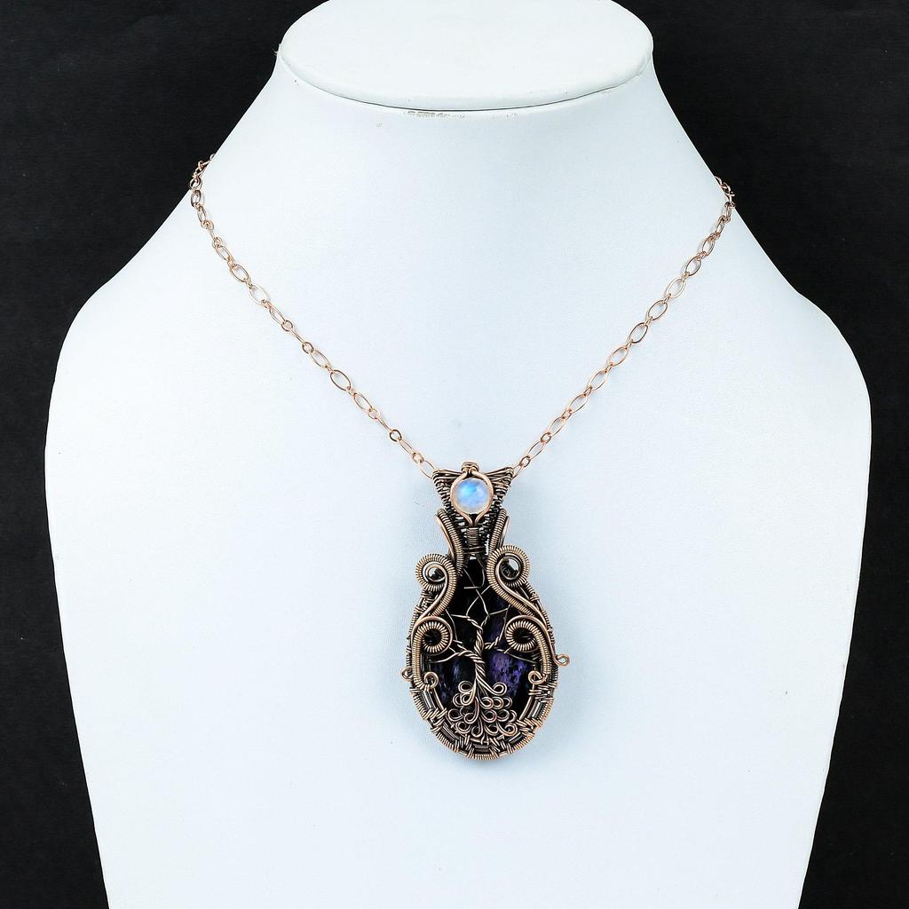Charoite & Moonstone Gemstone Handmade Pure Copper Wire Wrap Amazing Jewelry Pendant