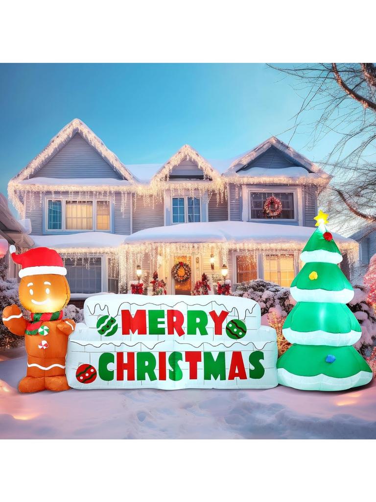 Syncfun 10 FT Christmas Inflatable Gingerbread Man And Christmas Tree for Holiday Inflatable Outdoor Decoration Xmas Party Gift