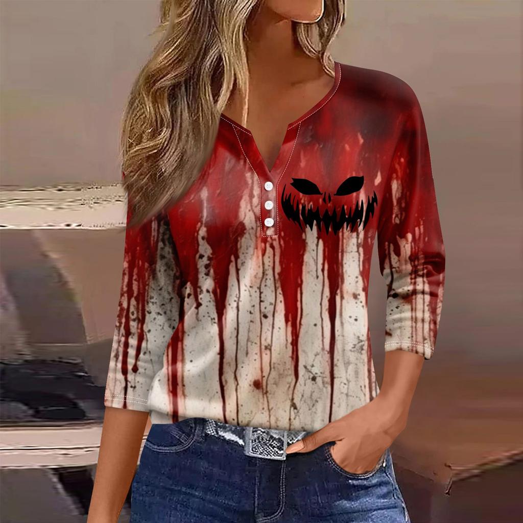 Women's Fashion Casual Three-quarter Sleeve Halloween Letters Print Top