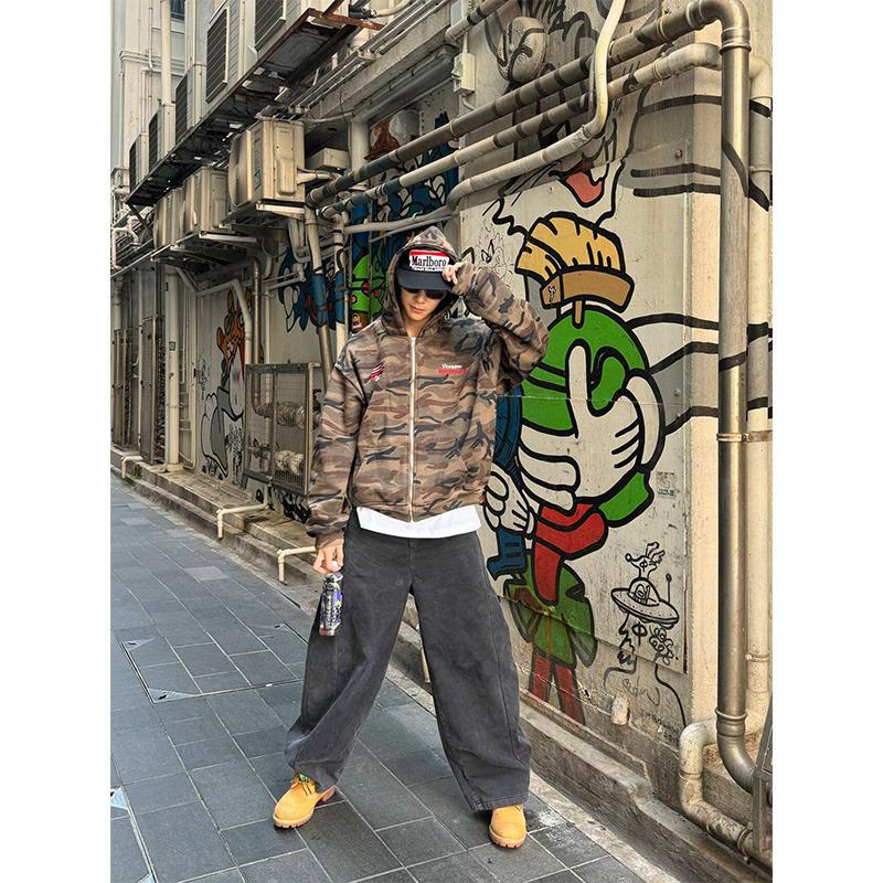 Unisex Retro Camouflage Hooded Cardigan Sweatshirt - Trendy Street Style Loose Fit Hoodie Jacket