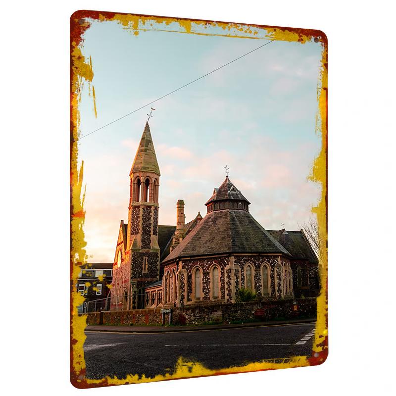 European Retro Church Building Metal Wall Art Home Decorative Painting Craft Hanging 20x30cm（7.8x11.8inch）
