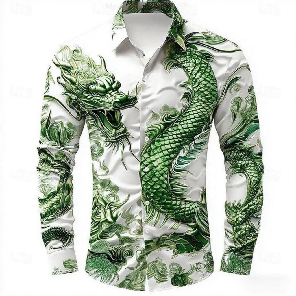 Trendy Long-sleeve Shirt with Detailed Dragon Print, Stylish and Versatile for Daily Wear.