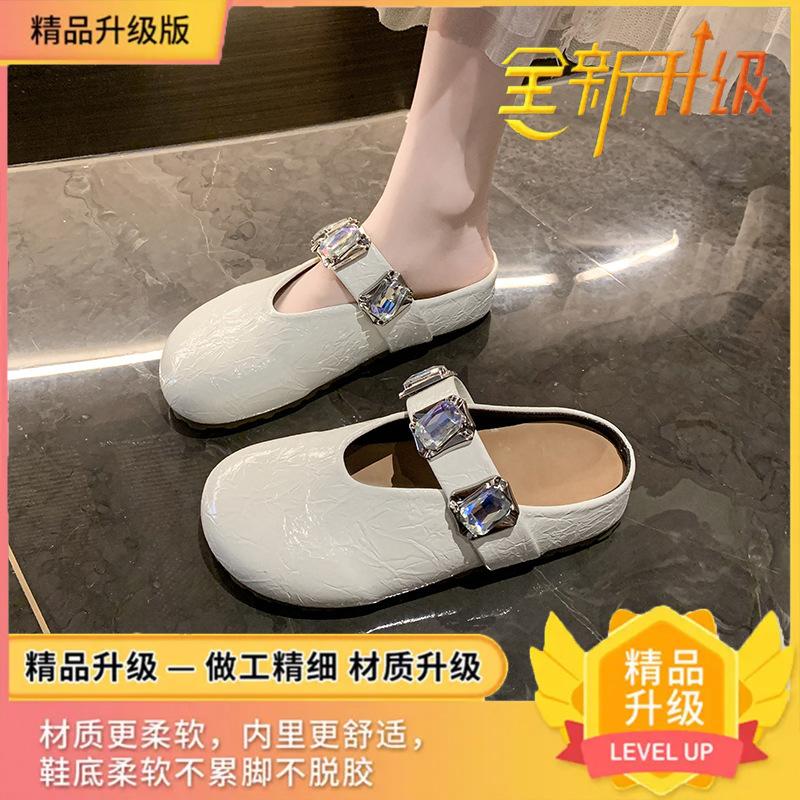 Internet celebrity super fire fairy wind square head baotou rhinestone versatile slippers women's shoes summer wear 2025 new flat sandals