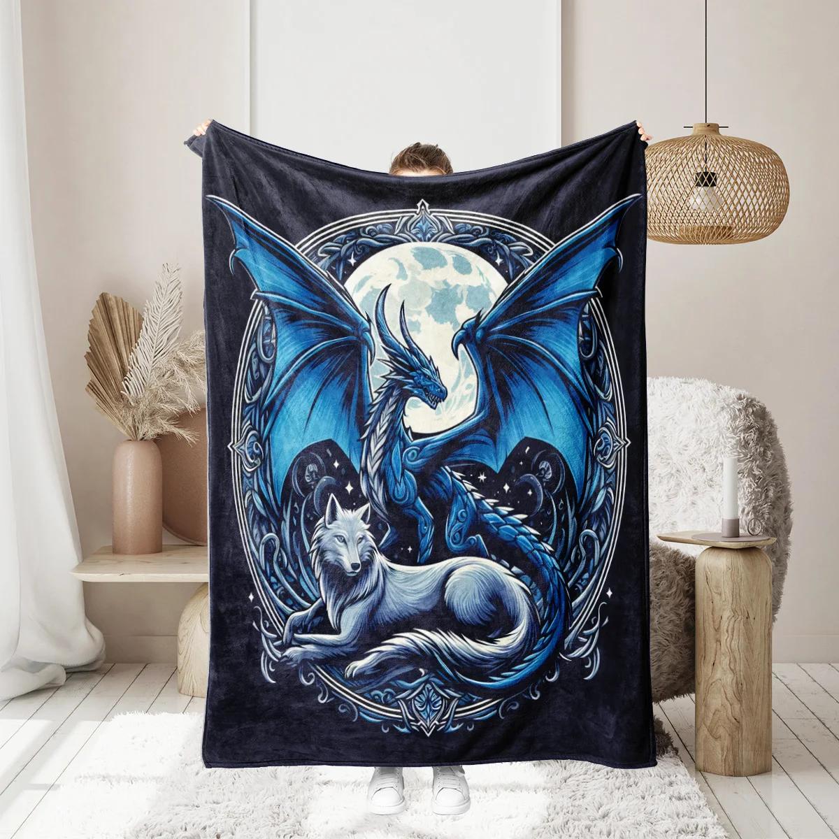 

1pc fantasy dragon and wolf print thickened flannel blanket warm skin-friendly soft sofa bed blanket suitable for all seasons 75x90cm