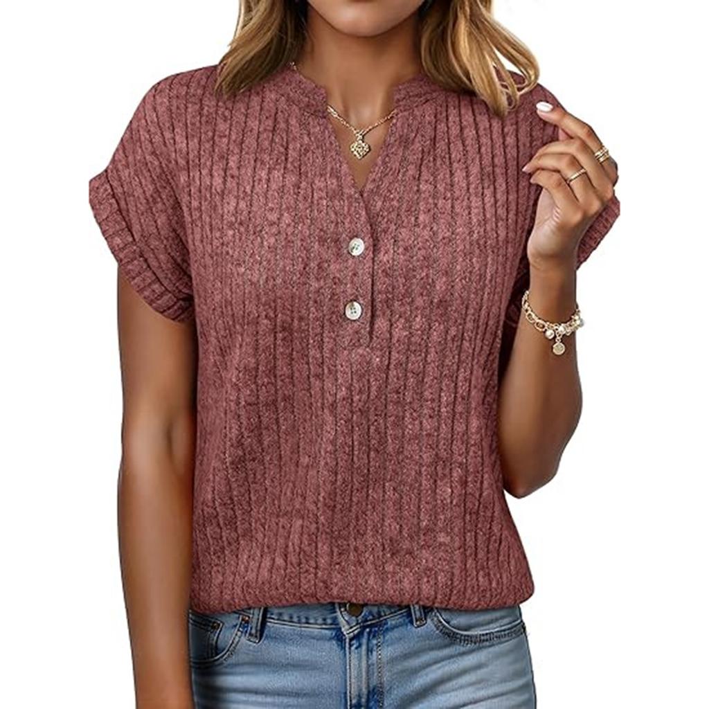 Women's Casual Fashion New Short,Sleeved Button,Up V,Neck Top