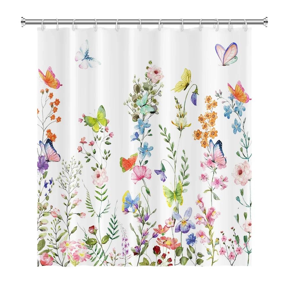 Floral Duschvorhang für Badezimmer Vintage Blume Schmetterling Wasserdichter Stoff Boho Badewanne Badezimmervorhang Mit Haken 180x240