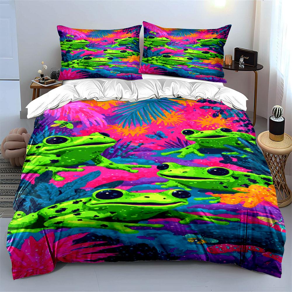 Bright Green Frogs, Foliage. Bedding Sets Duvet Cover Sets Duvet Covers Pillowcases(1 * Duvet Cover 2 * Pillowcases, Without Duvet Insert)